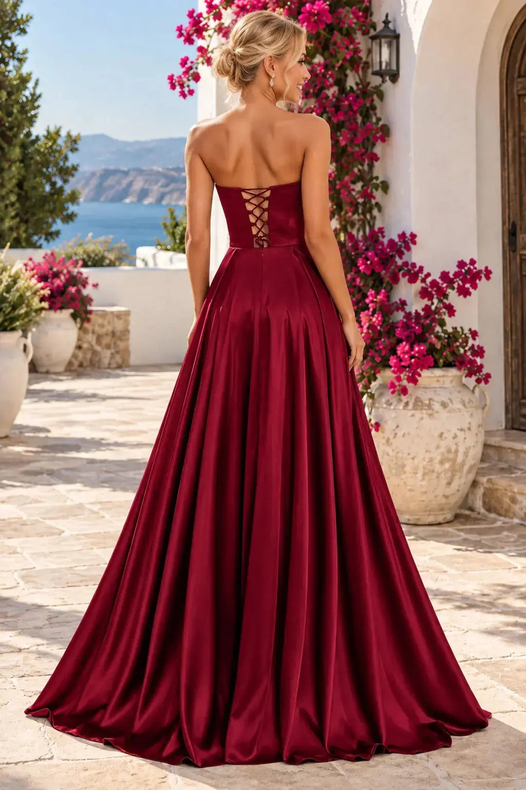 Burgundy Satin Strapless A-Line Prom Dress with Pleats and a High Slit