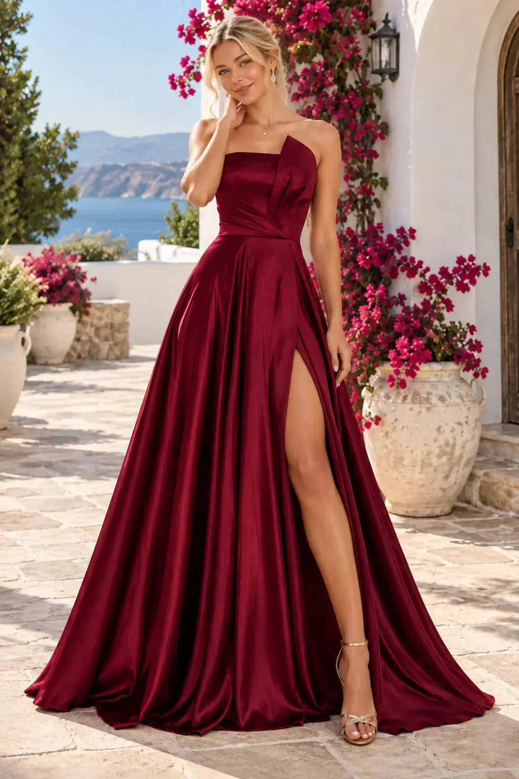 Burgundy Satin Strapless A-Line Prom Dress with Pleats and a High Slit