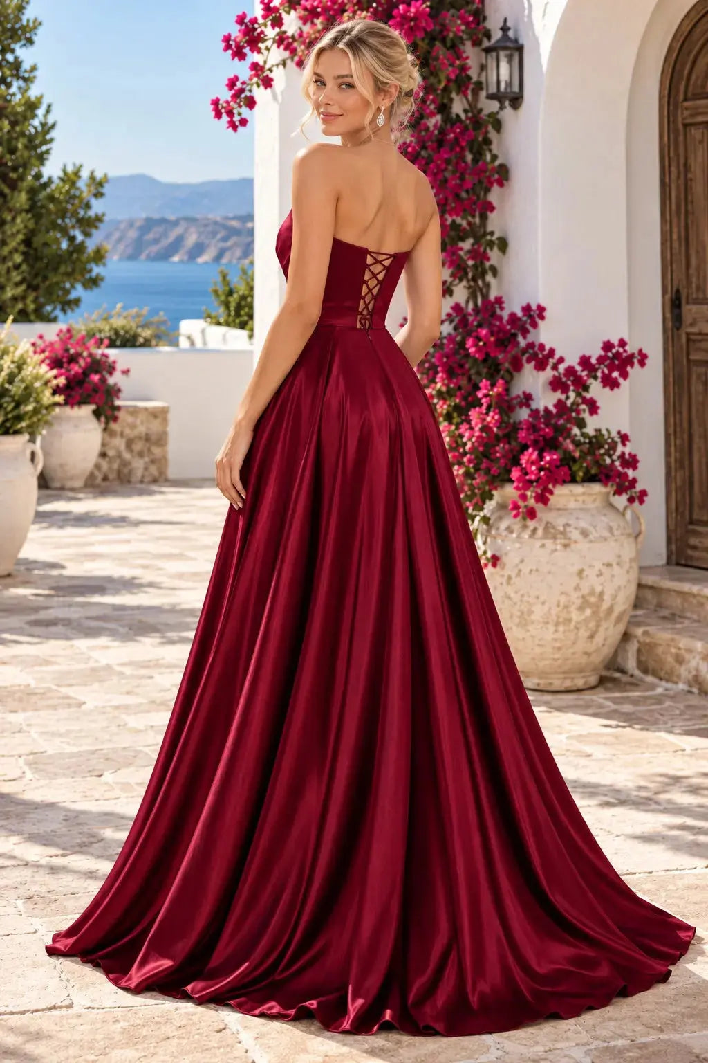 Burgundy Satin Strapless A-Line Prom Dress with Pleats and a High Slit
