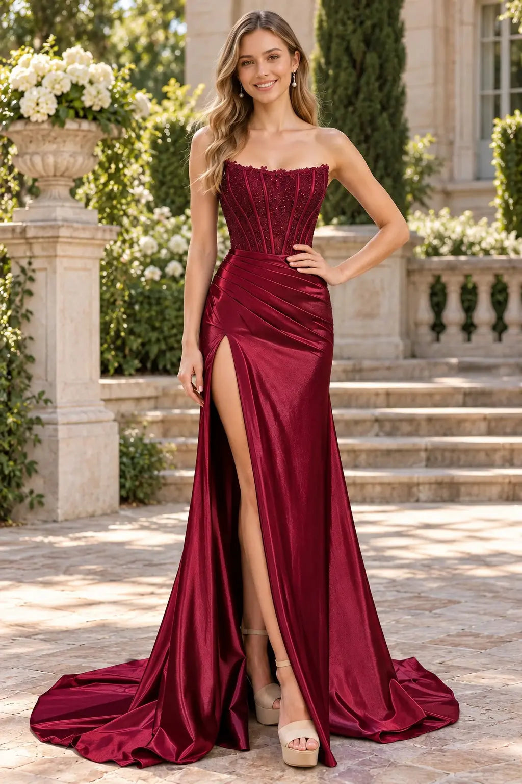 Royal Blue Satin Strapless Lace Corset Prom Dress with Thigh-High Slit