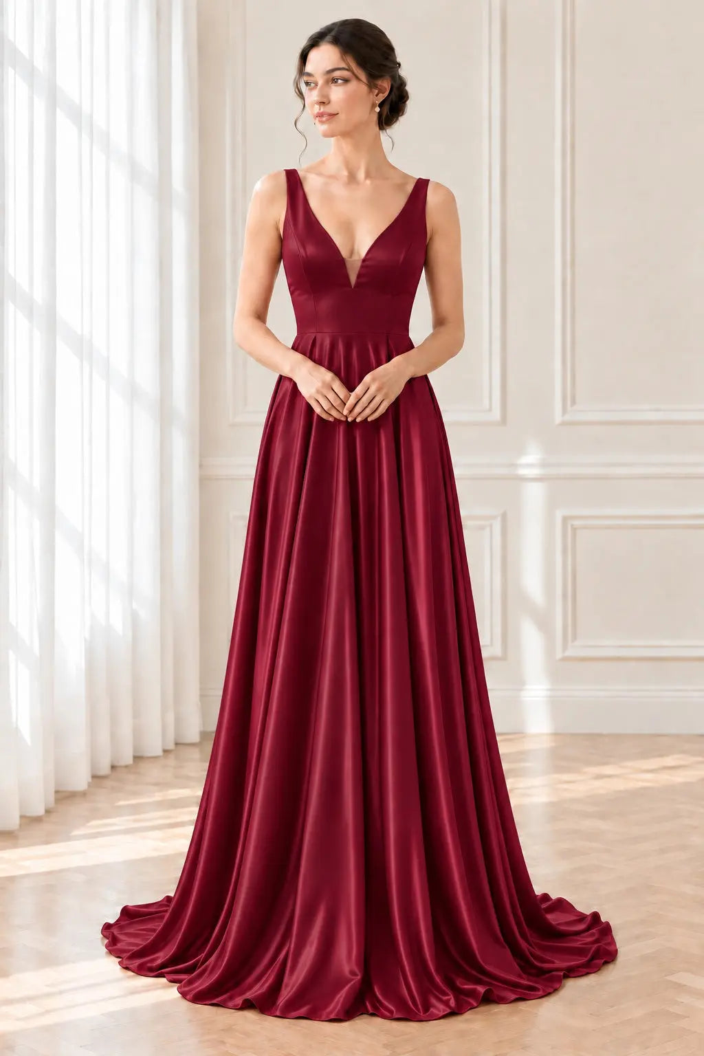 A-line/Princess V Neck Sleeveless Sweep Train Charmeuse Prom Dresses