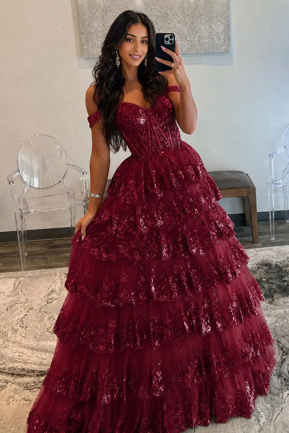 A-Line/Princess Princess Off the Shoulder Sequined Lace Prom Dress KAIDRESS