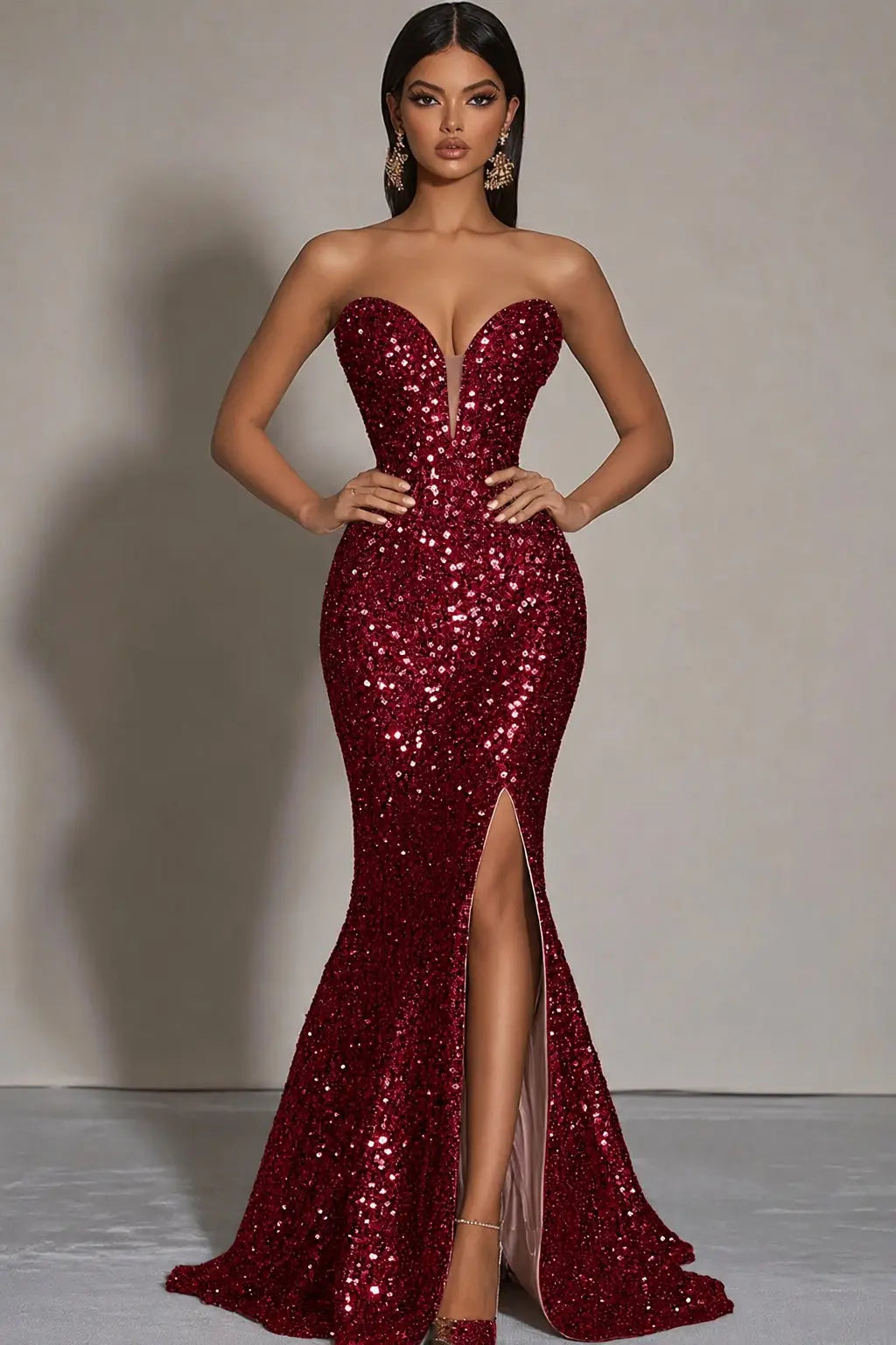 Sparkly Gold Sequins Mermaid Strapless Long Formal Dress with Slit Kaidress