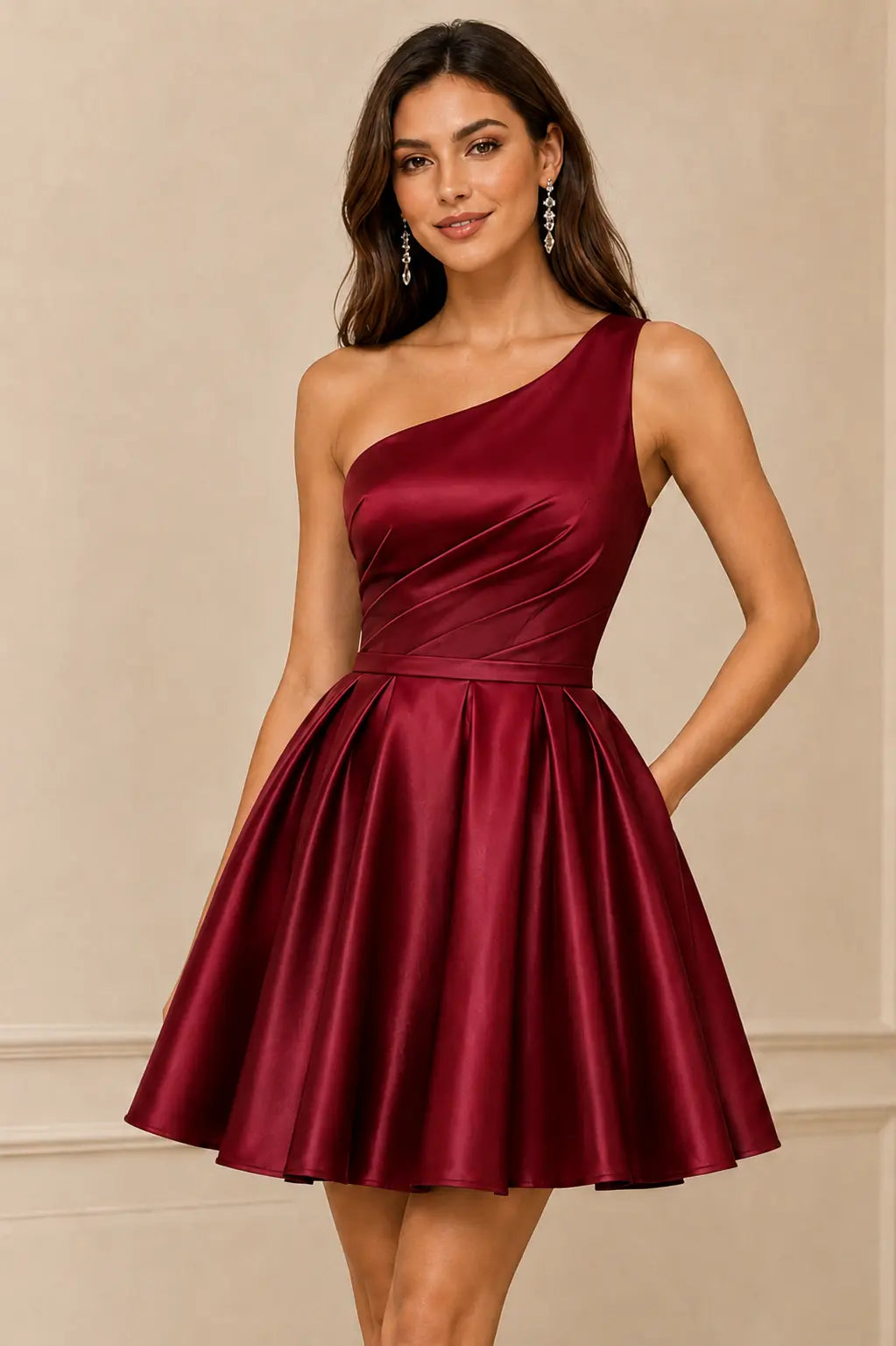 Green One Shoulder Satin Mini A Line Homecoming Dress With Pockets KAIDRESS