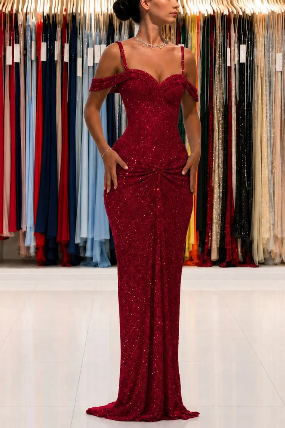 Luxury Sparkly Lace Off-Shoulder Long Beaded Prom Gown with Slender Straps KAIDRESS
