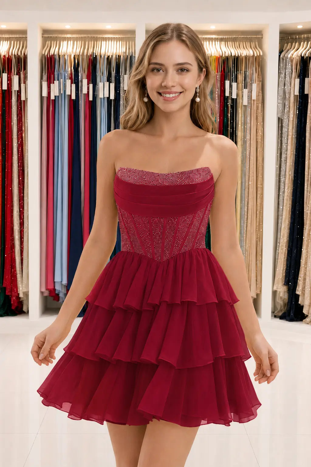 Daffodil Strapless Corset Tiered Ruffle Mini Homecoming Dress With Beading KAIDRESS