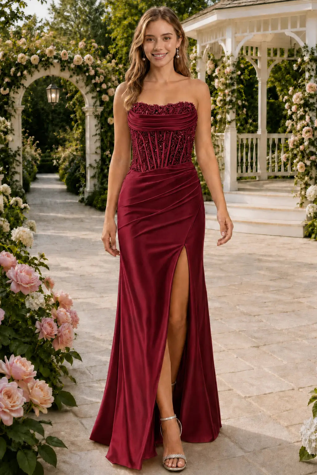 Sheath/Column Beaded Strapless Applique Formal Dress with Slit KAIDRESS