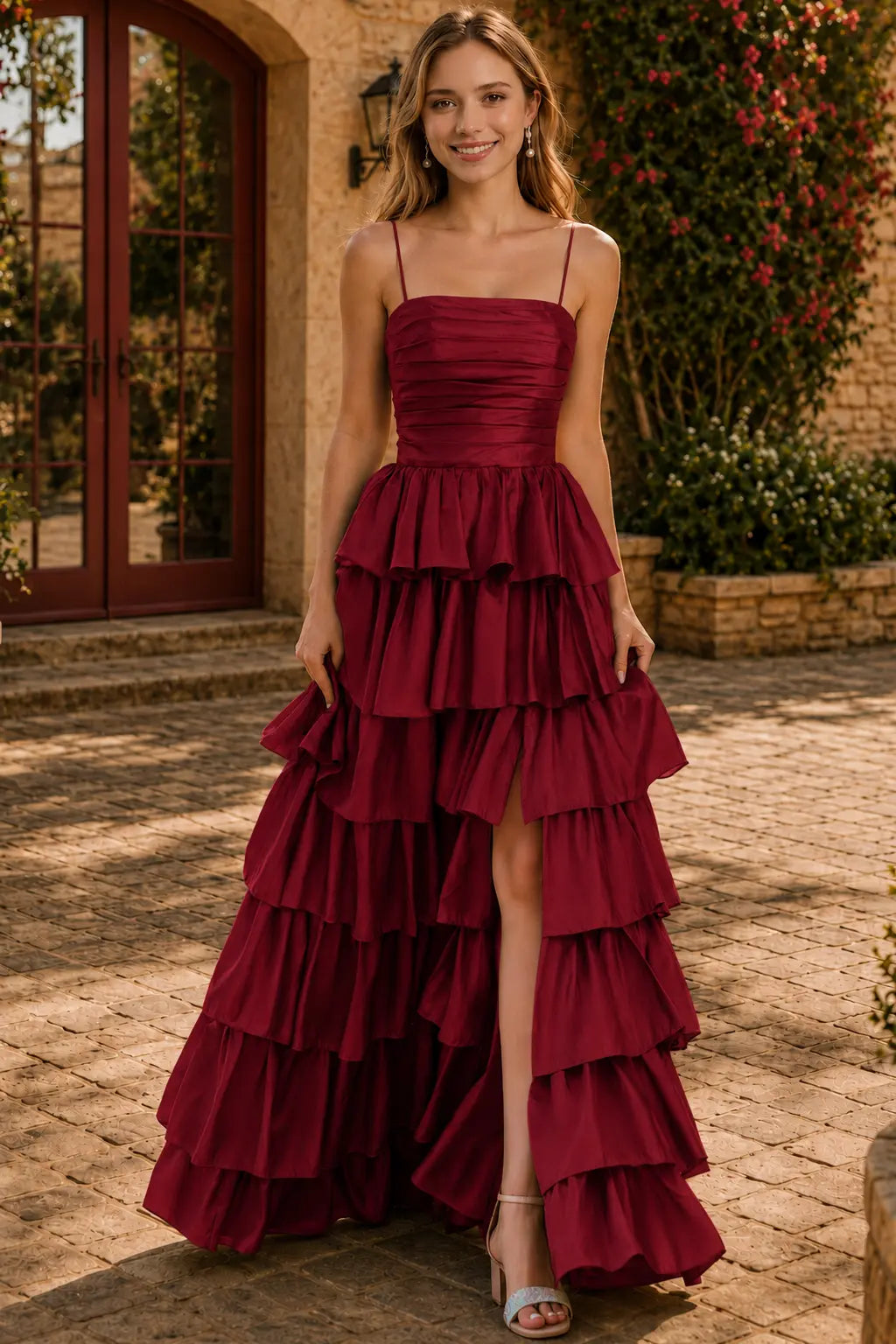 Burgundy Taffeta A-Line Prom Dress Tiered Ruffle Slit Gown