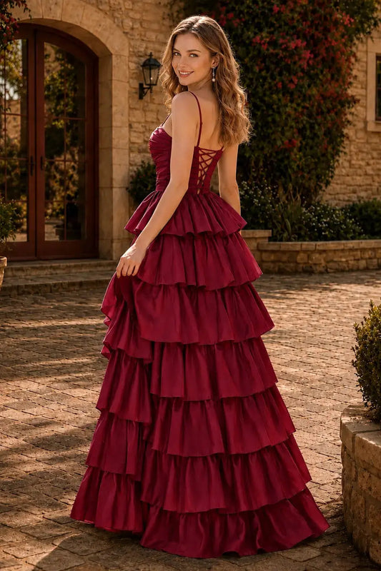 Burgundy Taffeta A-Line Prom Dress Tiered Ruffle Slit Gown