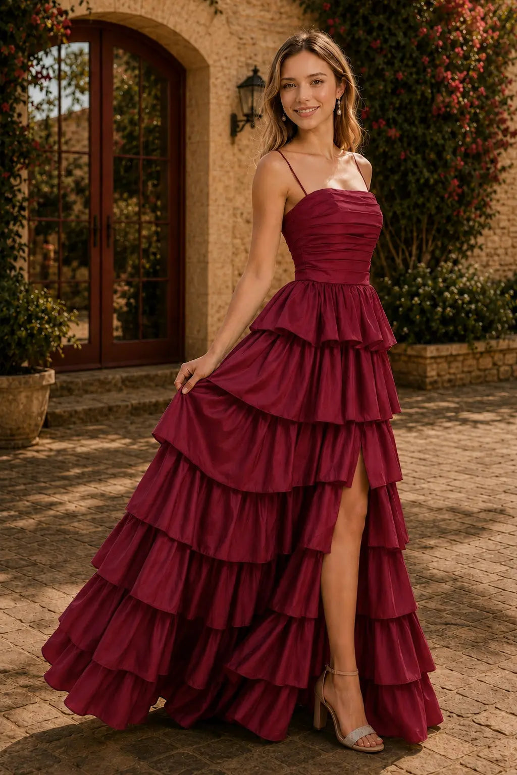 Burgundy Taffeta A-Line Prom Dress Tiered Ruffle Slit Gown