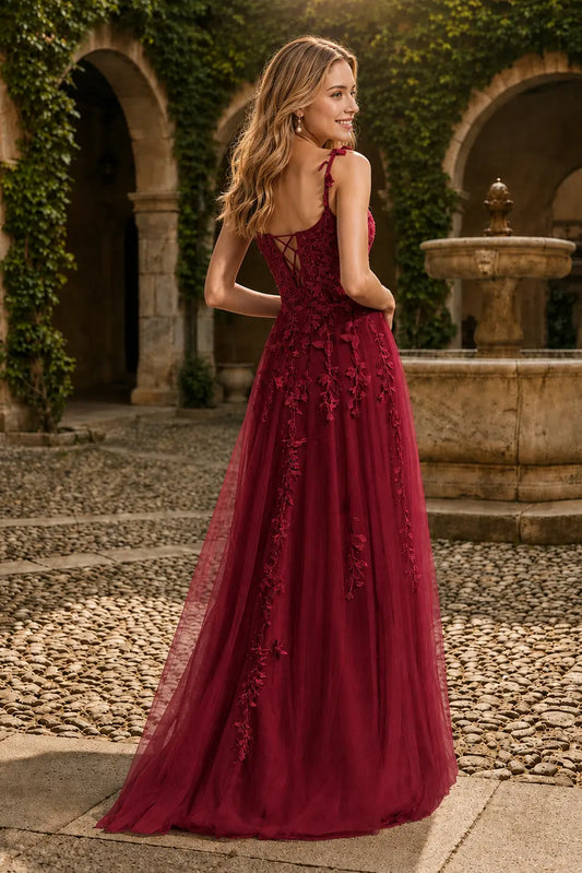 A-line V Neck Sweep Spaghetti Straps Train Tulle Prom Dress with Appliqued Beading KAIDRESS