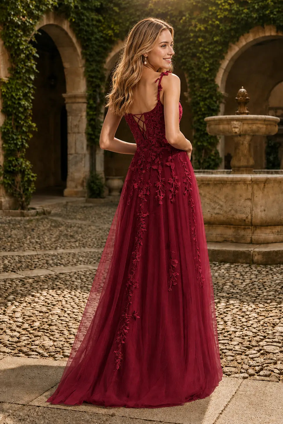 A-line V Neck Sweep Spaghetti Straps Train Tulle Prom Dress with Appliqued Beading