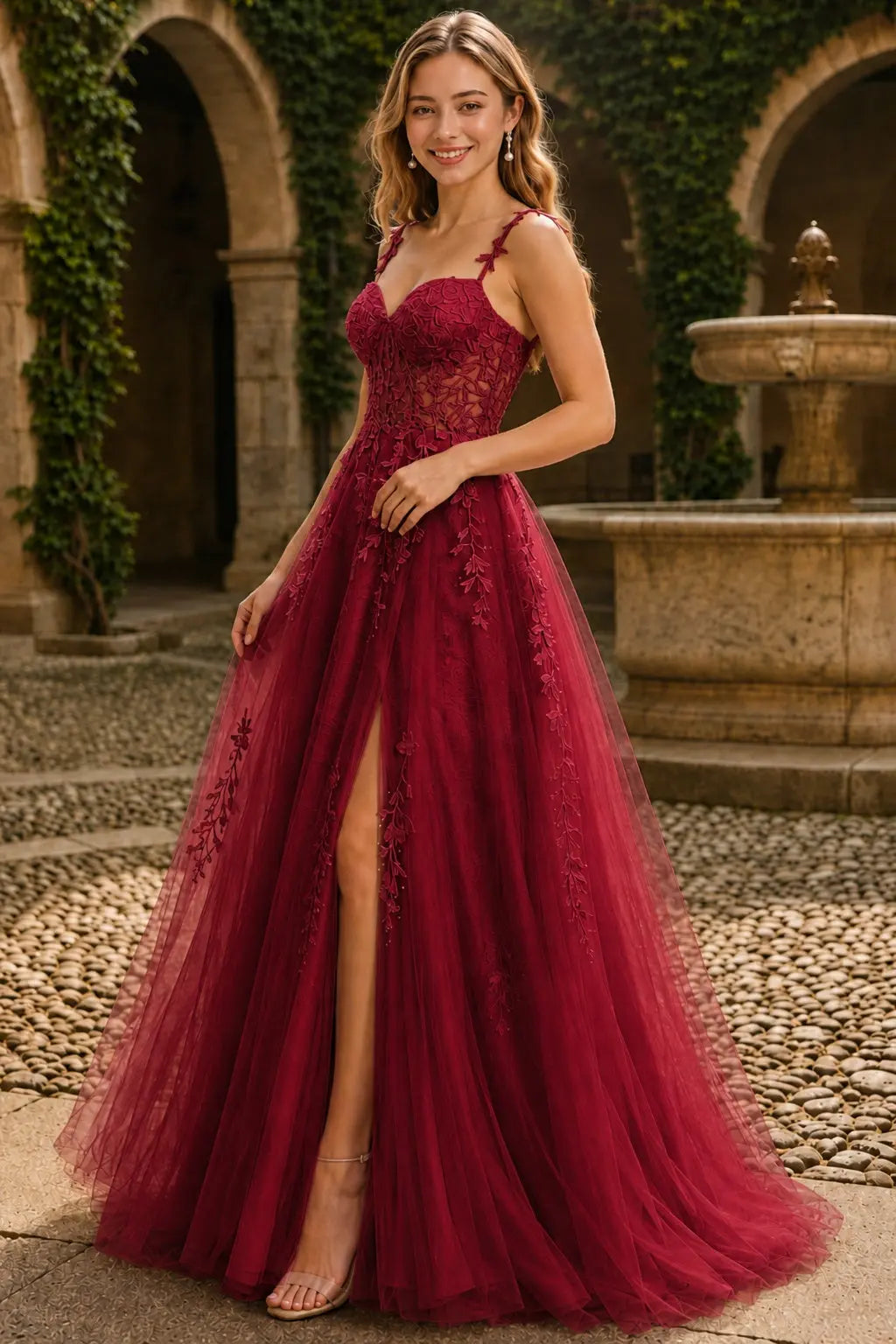 A-line V Neck Sweep Spaghetti Straps Train Tulle Prom Dress with Appliqued Beading