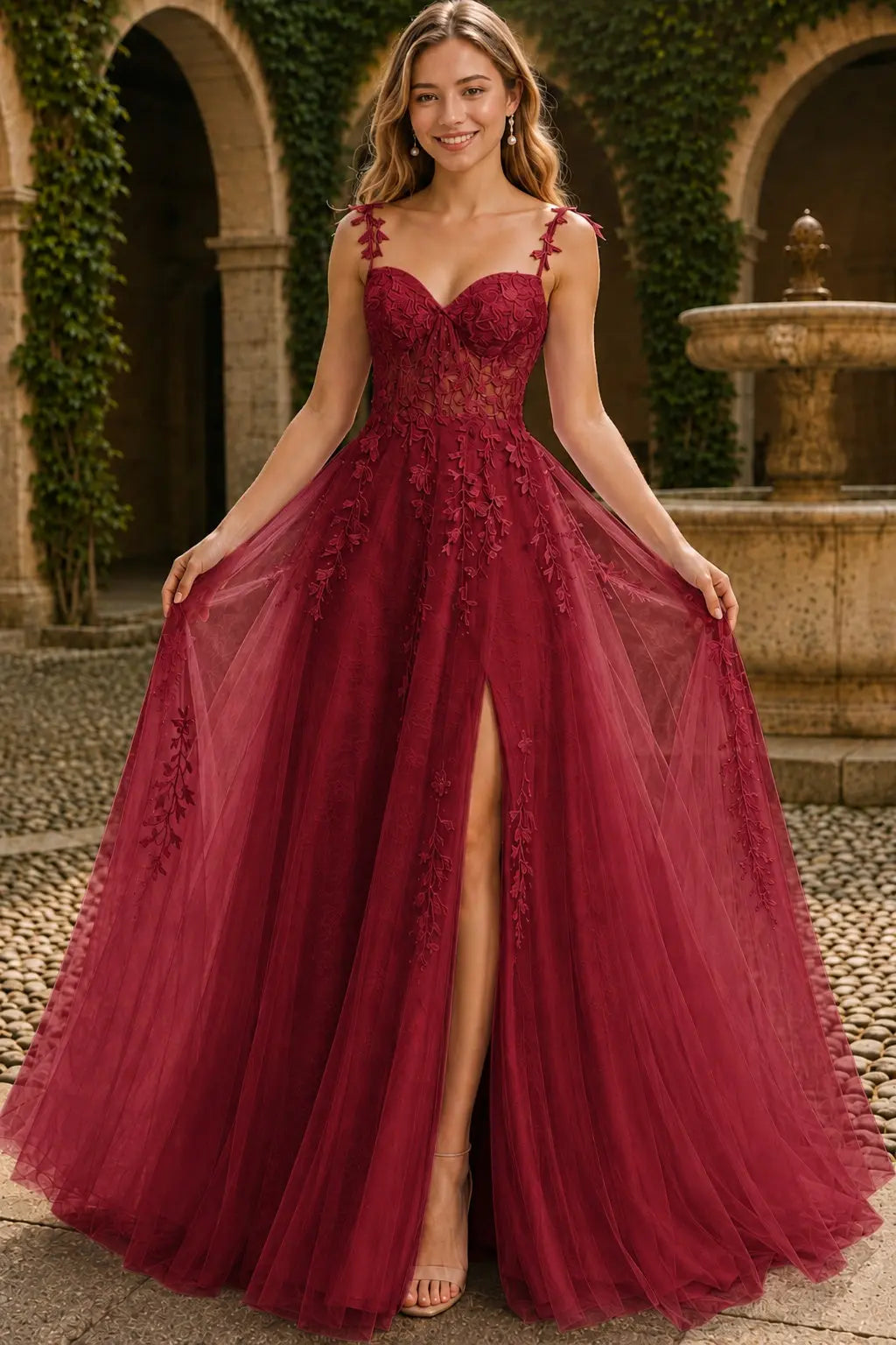 A-line V Neck Sweep Spaghetti Straps Train Tulle Prom Dress with Appliqued Beading
