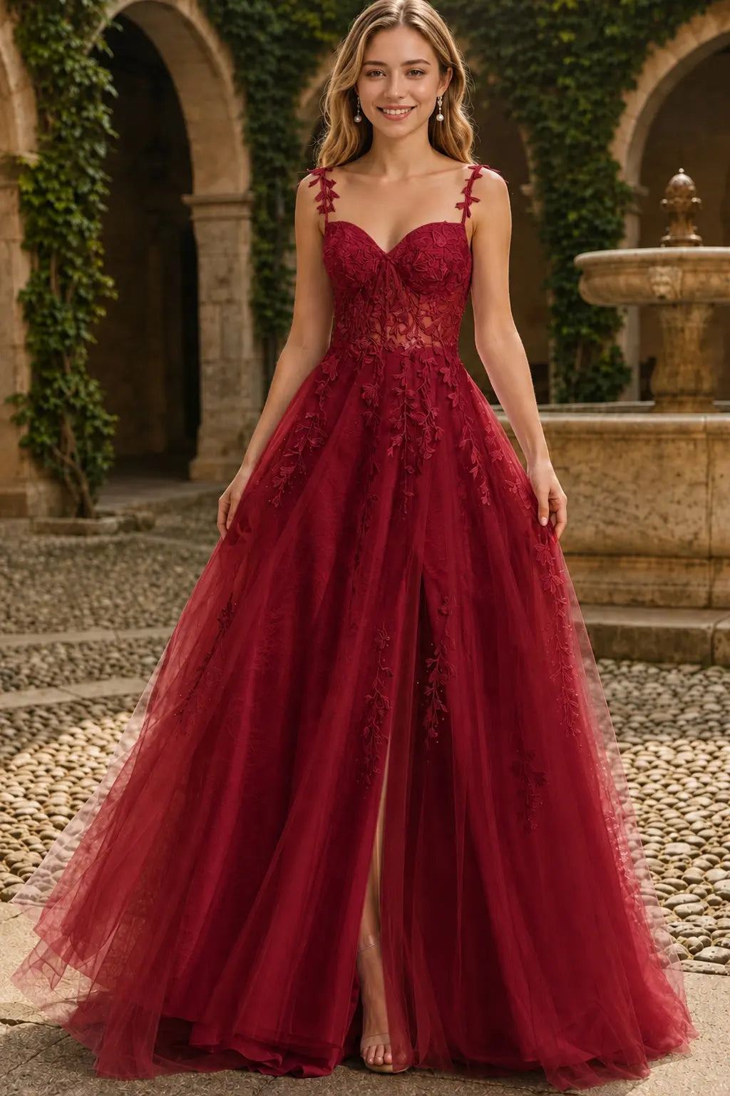 A-line V Neck Sweep Spaghetti Straps Train Tulle Prom Dress with Appliqued Beading