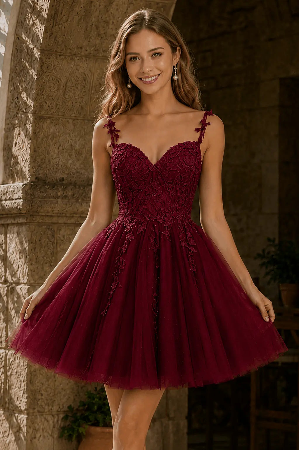 A-line V Neck Short/Mini Tulle Lace Homecoming Dress