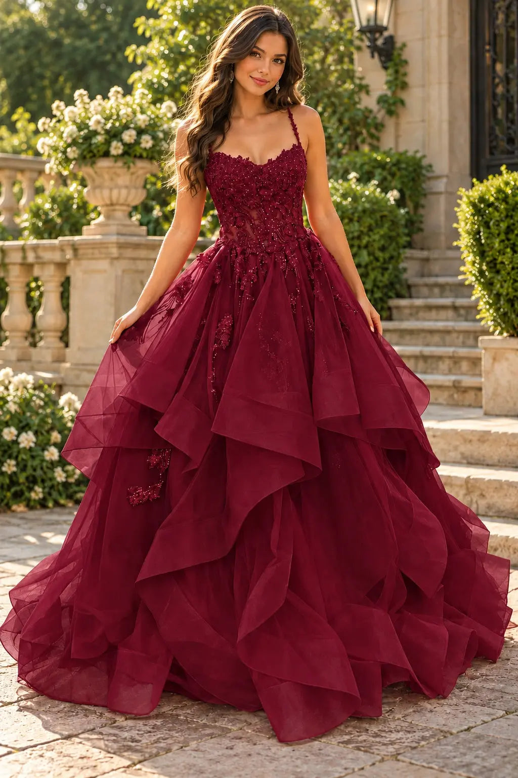 A-line Princess V Neck Floor-Length Tulle Prom Dresses with Appliqued