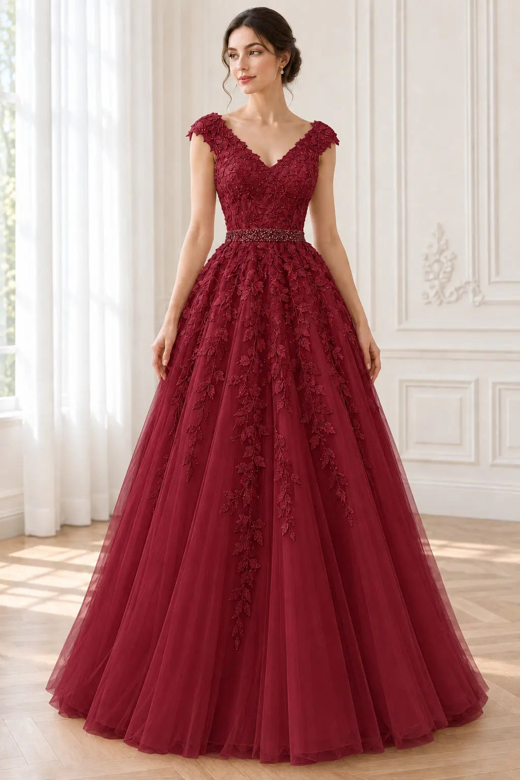 A-Line/Princess V-Neck Sleeveless Floor-Length Applique Tulle Prom Dresses