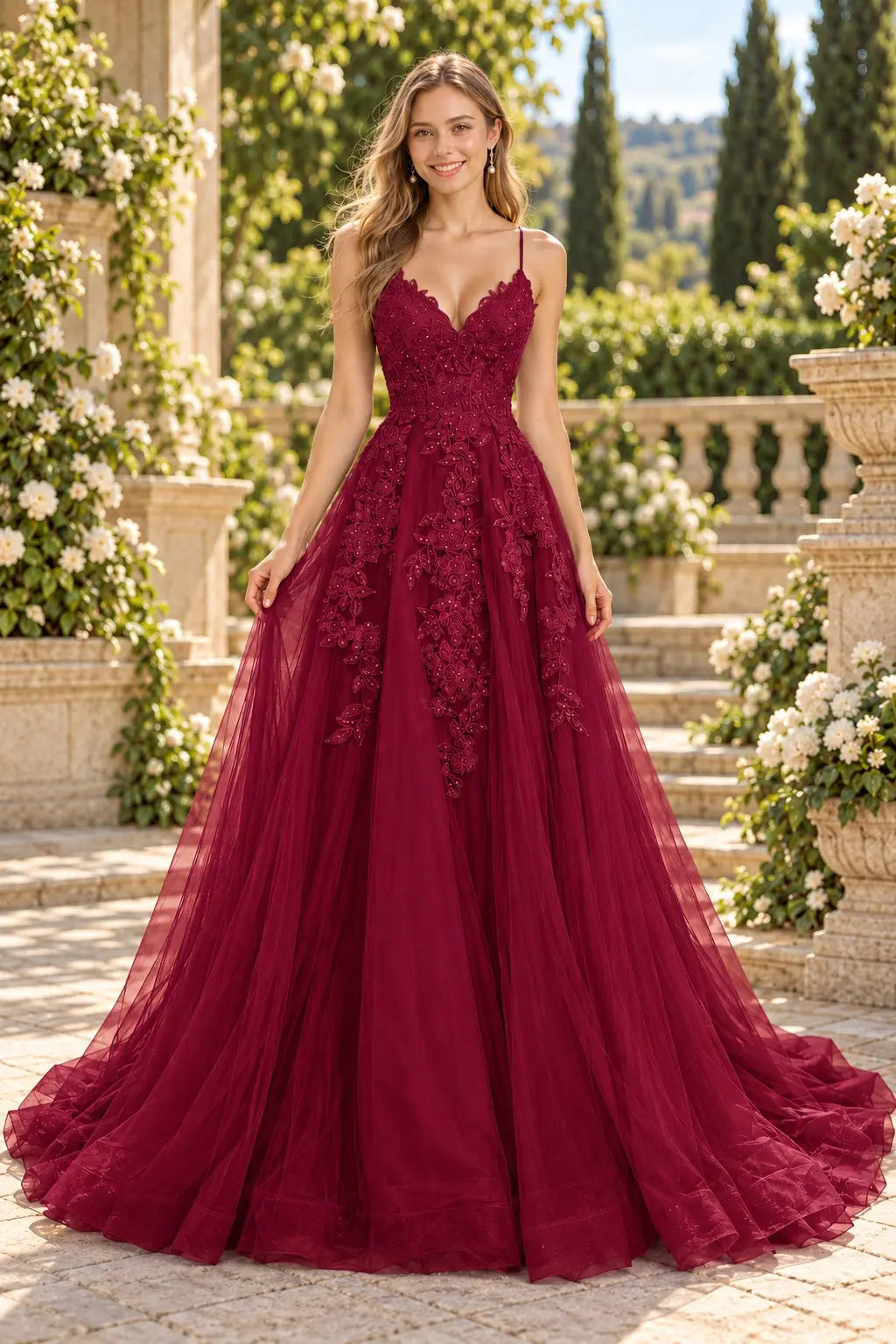 A-line V Neck Spaghetti Straps Sweep Train Tulle Prom Dress With Appliqued