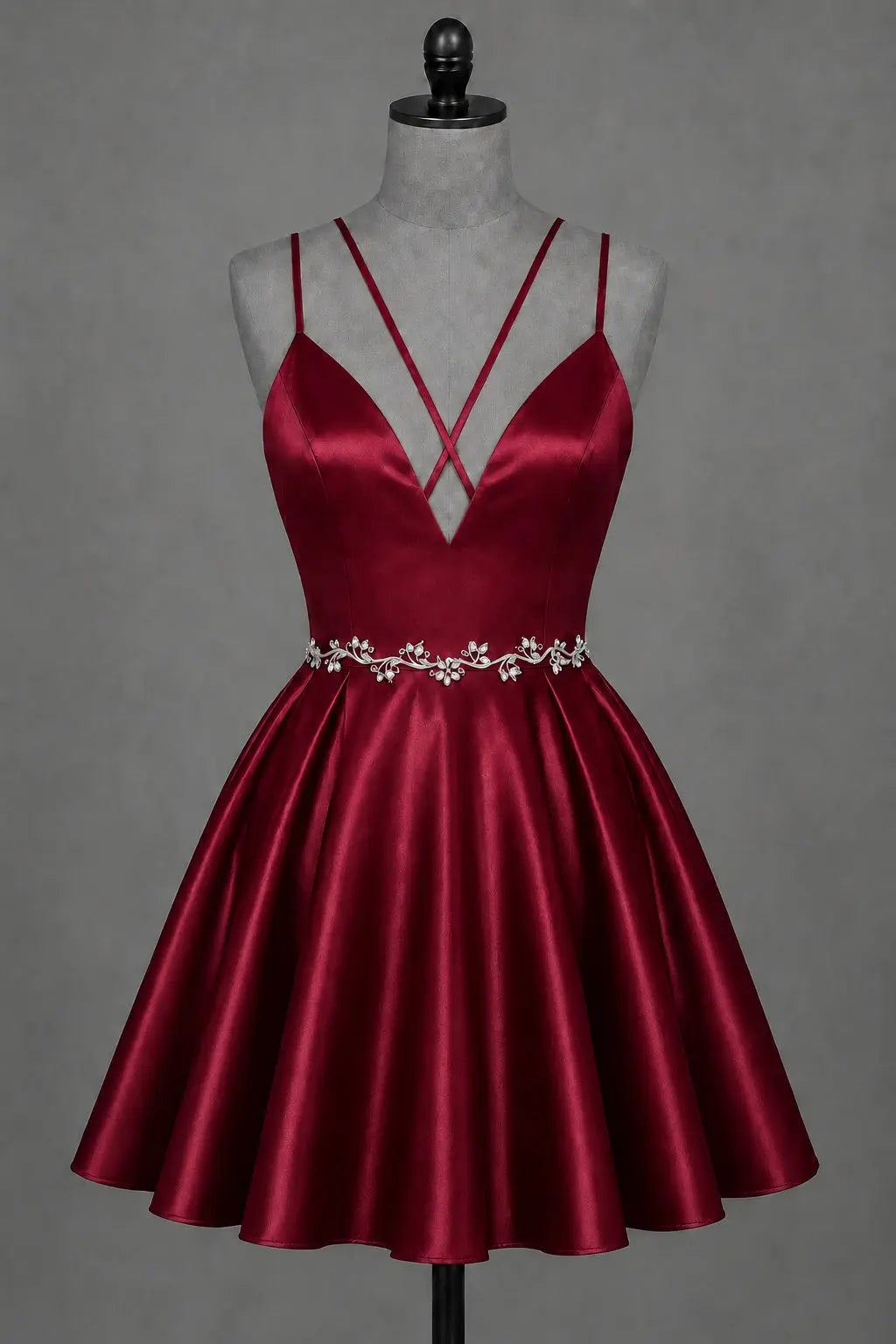 Red V Neck Satin Mini A Line Homecoming Dress With Pockets KAIDRESS
