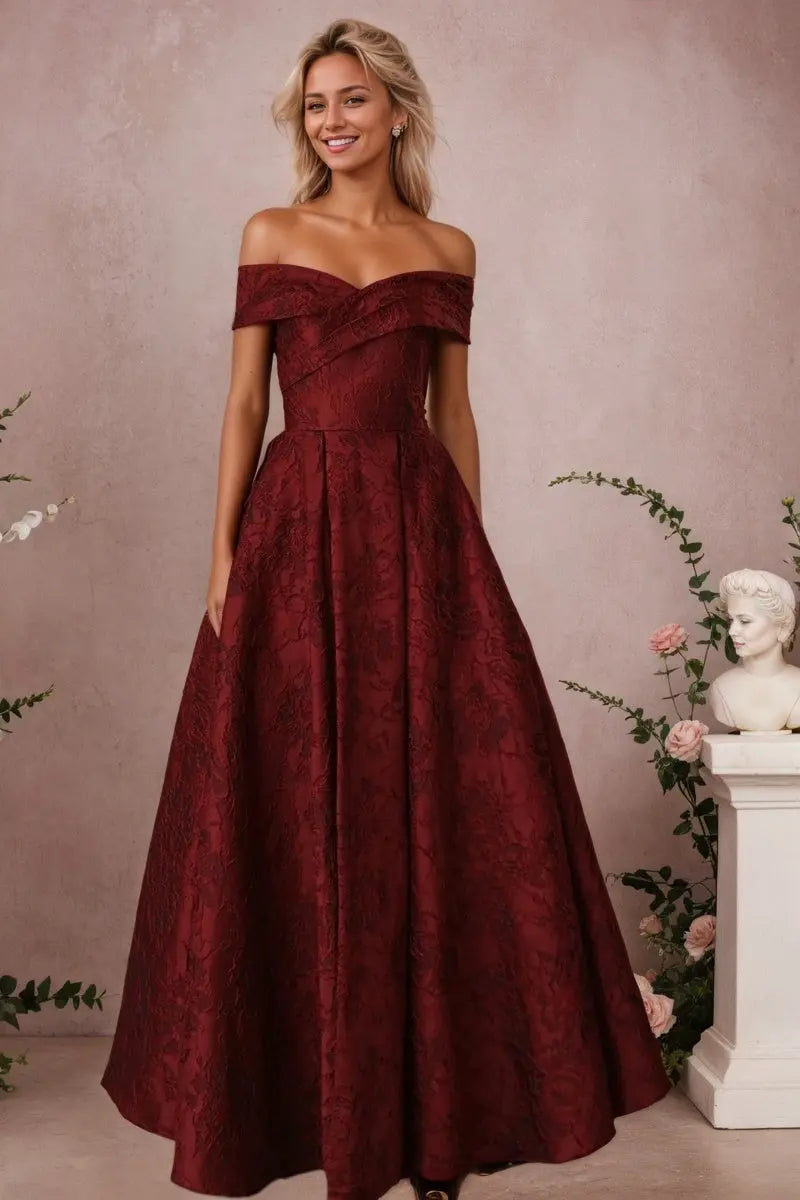 A-Line Off Shoulder Satin Burgundy Long Prom Dress Floral Jacquard Formal Ball Gowns - KAIDRESS