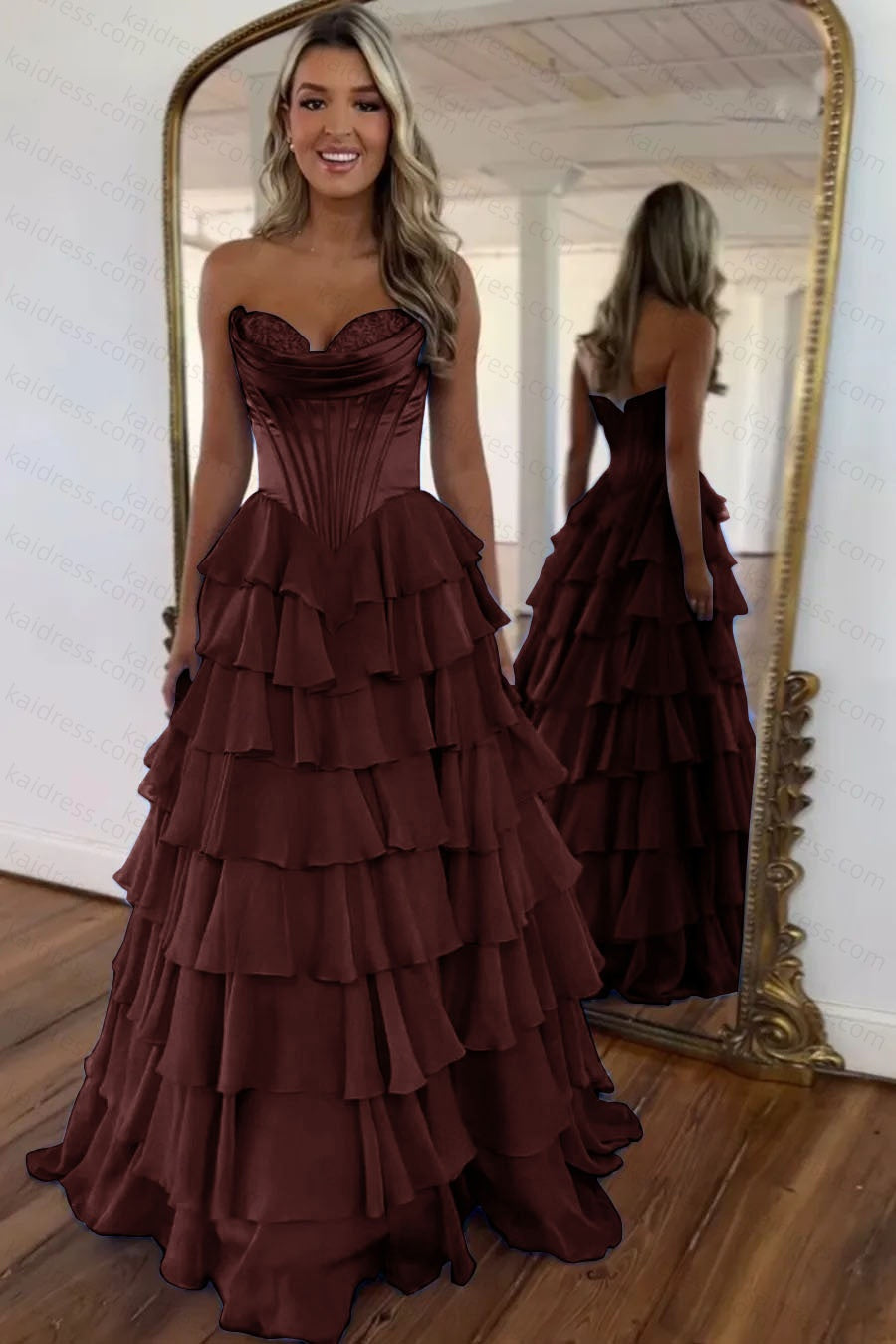 A Line Blue Sweetheart Chiffon Ruffled Long Corset Prom Dress with Slit