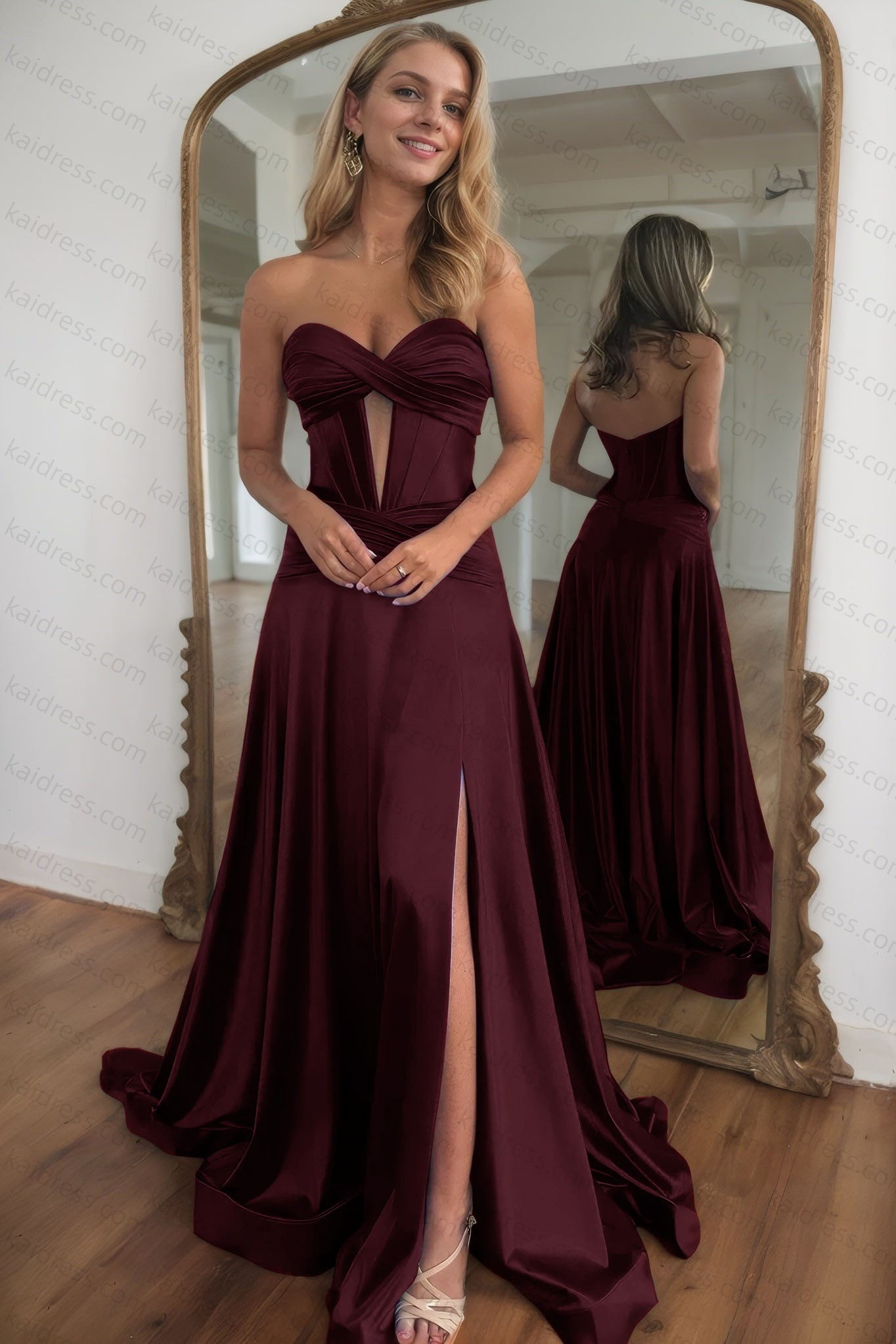 A-line Strapless Silk Long Blue Prom Dresses Elegant Evening Dress