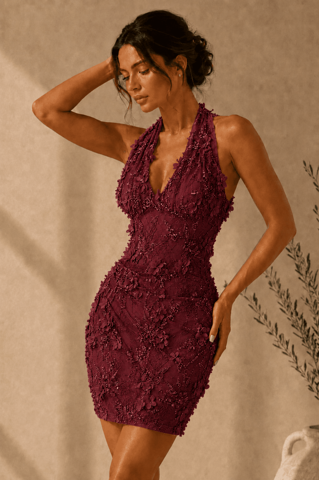 Sheath/Column Dreamy Lace 3D Floral Halter Homecoming Dress KAIDRESS