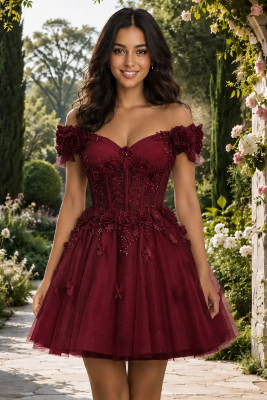 A-line Off-the-Shoulder Tulle Short/Mini Homecoming Dress with Appliqued Flowers Sequins KAIDRESS