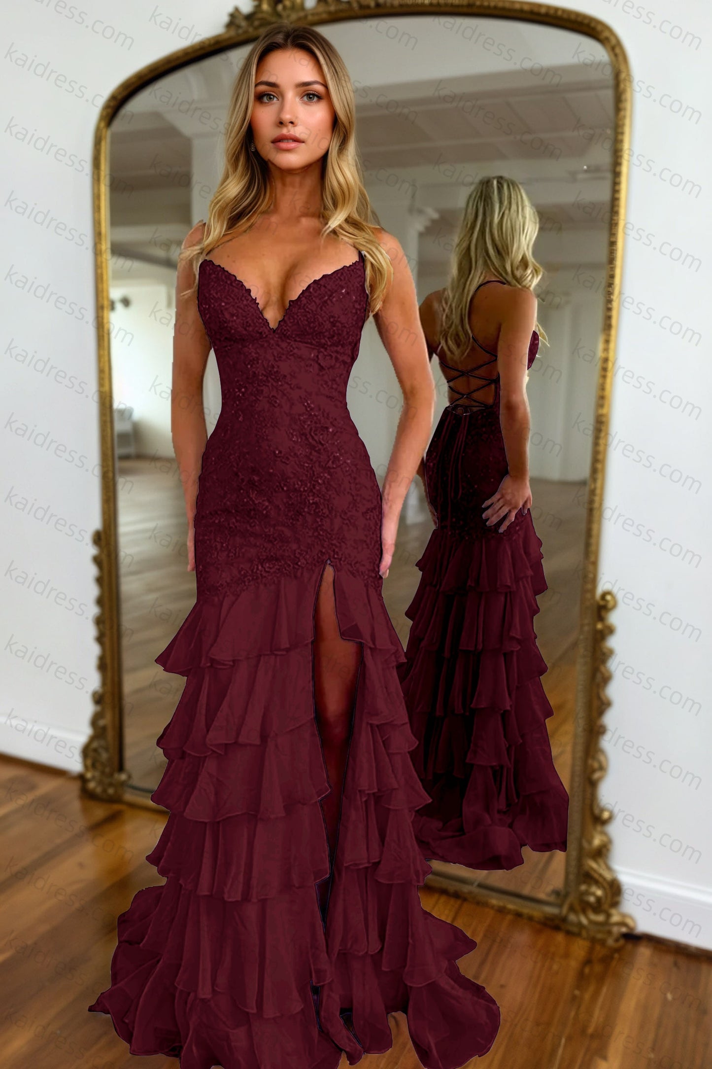 Mermaid Sparkly Lilac Lace Appliques Sheath Tiered Long Chiffon Prom Dress with Slit