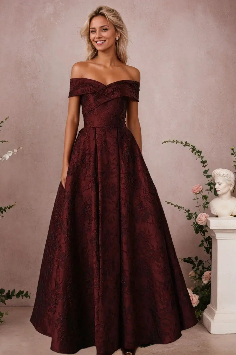 A-Line Off Shoulder Satin Burgundy Long Prom Dress Floral Jacquard Formal Ball Gowns - KAIDRESS