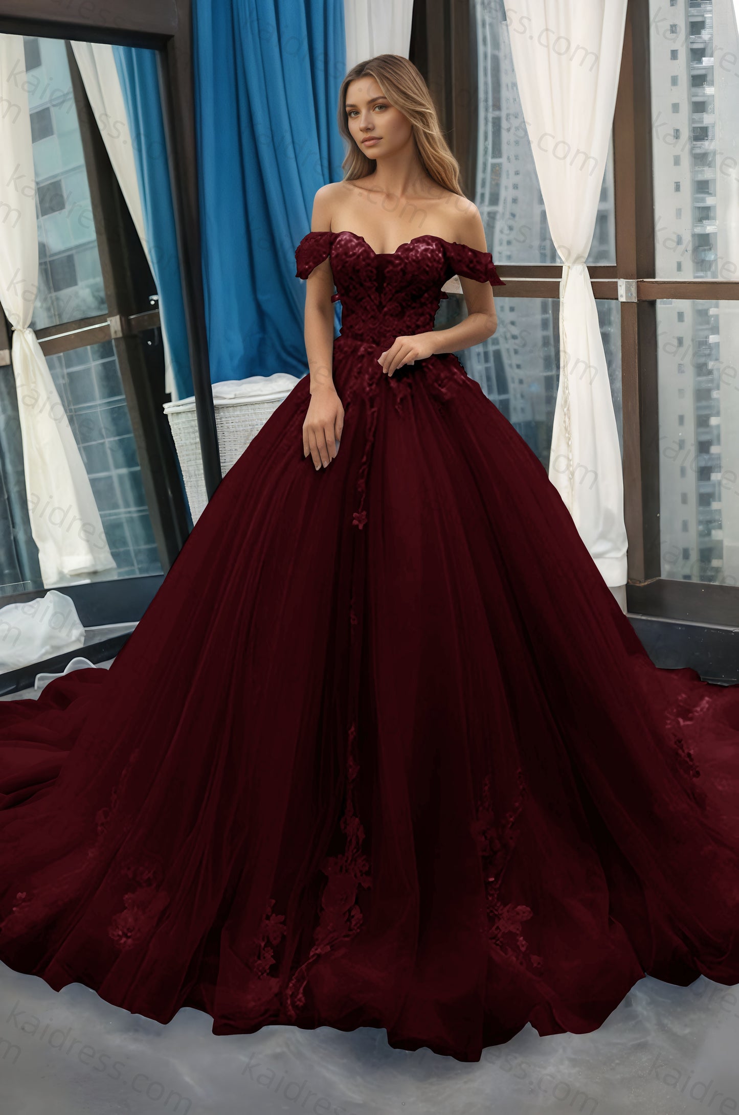 A-Line Off the Shoulder Tulle Applique Long Quinceañera Dresses Blue Formal Prom Dress
