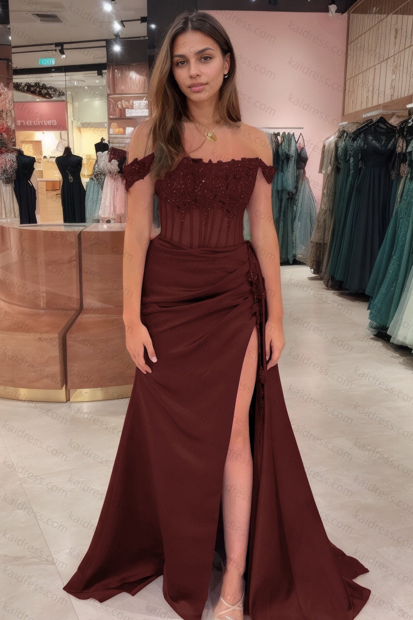 Sheath/Column Off the Shoulder Satin Beaded Prom Dress Burgundy With Appliques Prom Gown