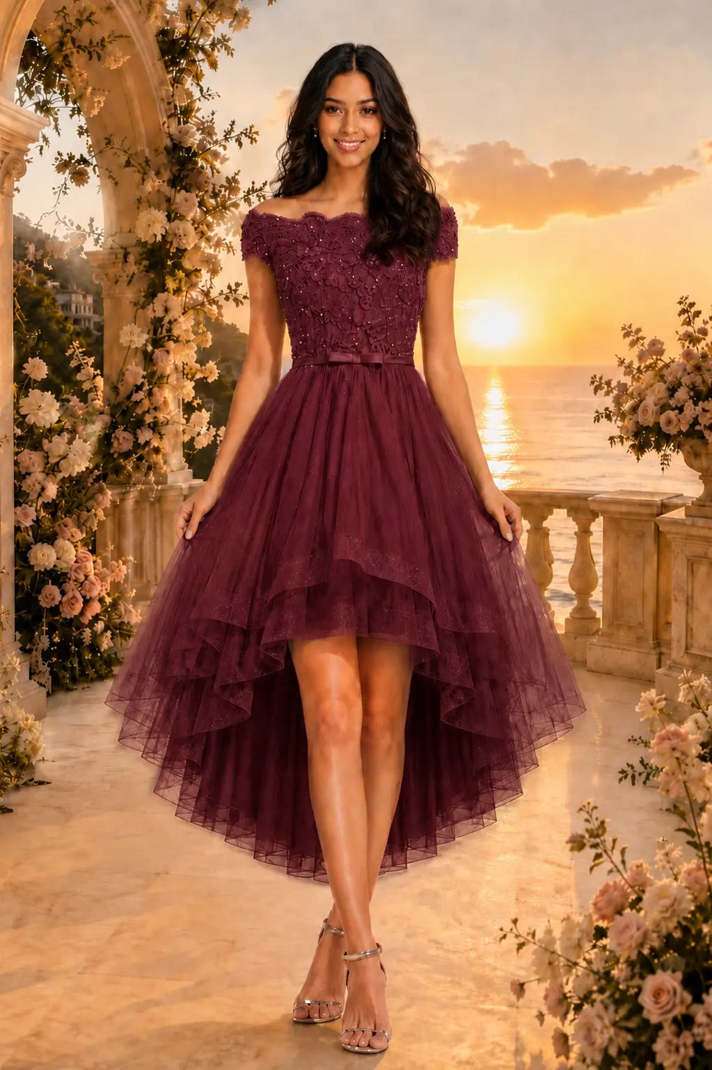 Burgundy Off the Shoulder A Line Strapless Lace Tulle Asymmetrical Dress KAIDRESS