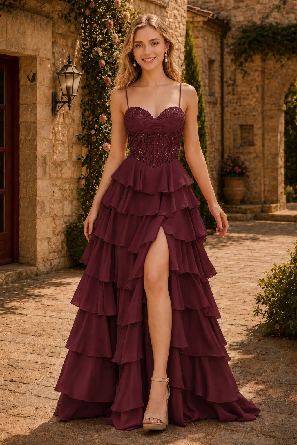 Spaghetti Straps Sweetheart Embellished Corset Chiffon Slit Ruffle Prom Dress with Detachable Straps