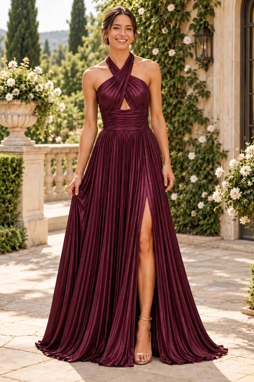 Glitter Green Halter Cut Out Backless Pleats Long Prom Dress with Slit