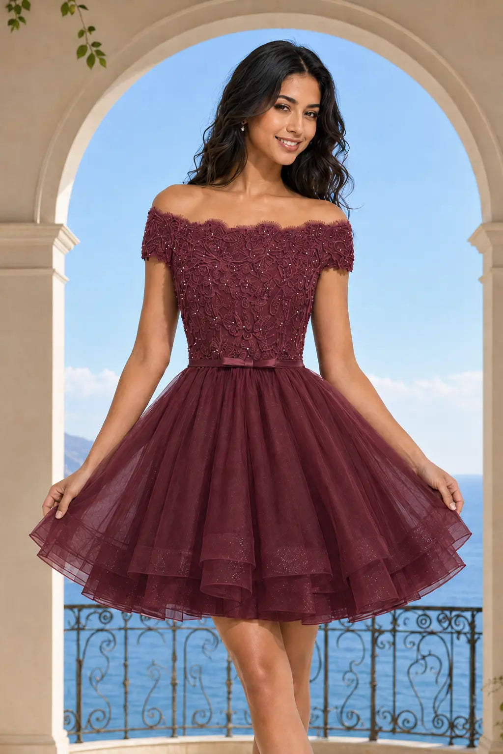 Burgundy Lace Off Shoulder A Line Short Homecoming Dress KAIDRESS