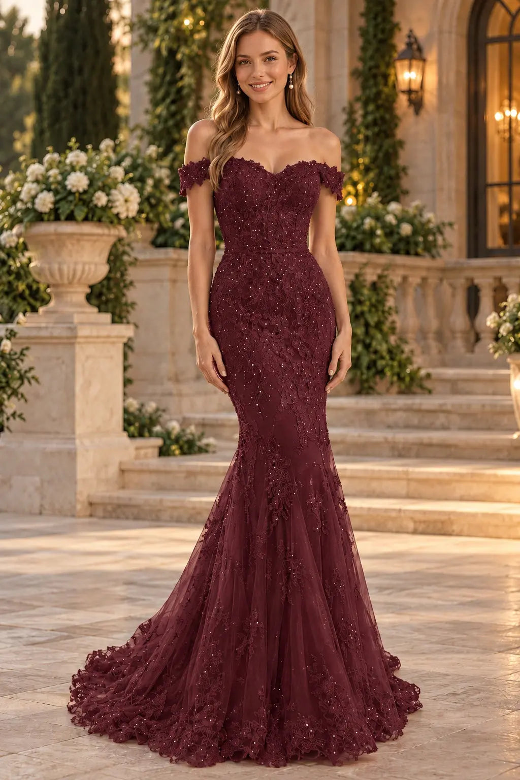 Lace Long/Floor-Length Trumpet/Mermaid Sleeveless Off-The-Shoulder Zipper Prom Dresses With Appliqued Beaded