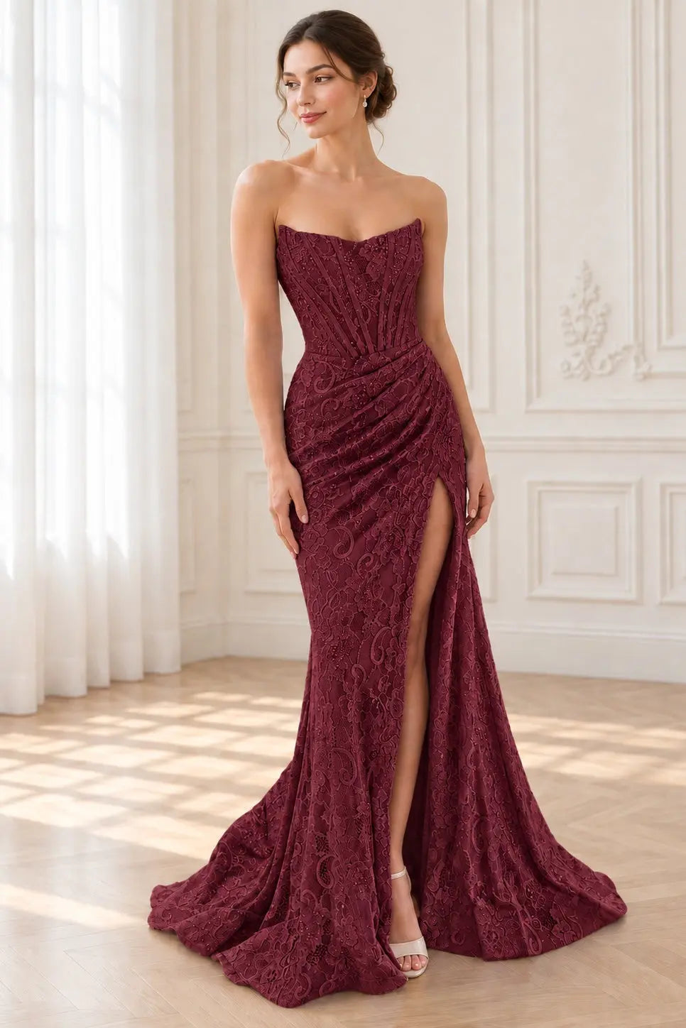 Sheath/Column Off the Shoulder Sleeveless Prom Dresses Long Lace Formal Evening Gowns