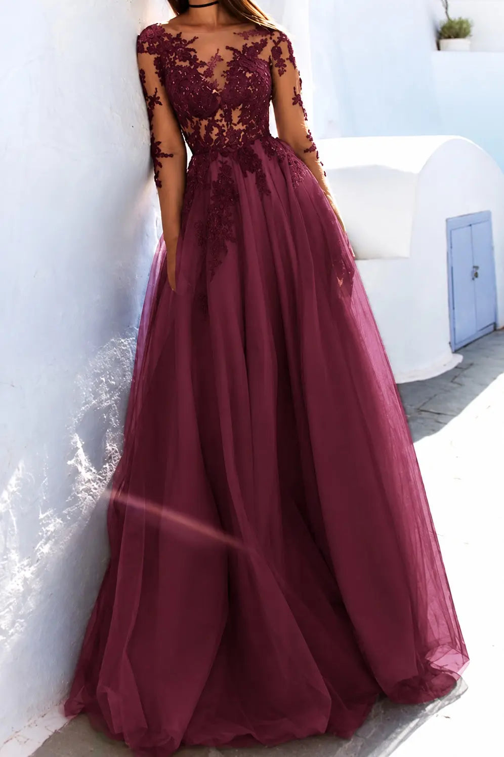 A-Line Scoop Long Sleeves Floor-Length With Applique Tulle Prom Dresses
