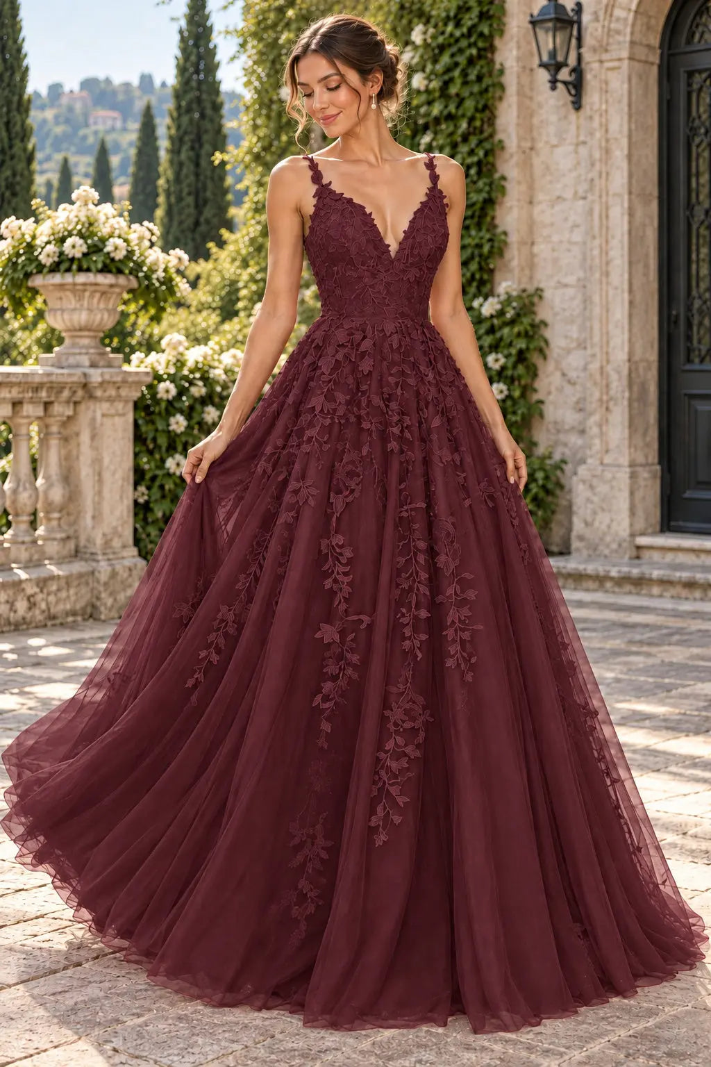 A-Line Lace Prom Dresses Long V Neck Sleeveless Formal Maxi Dress