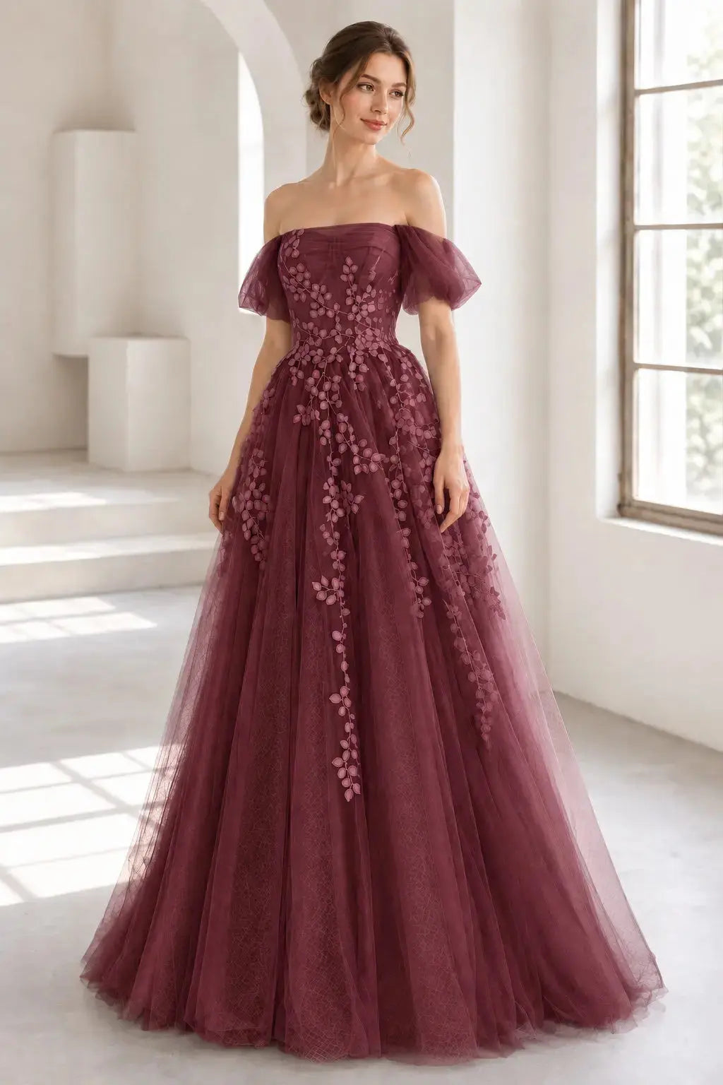 A-Line Tulle Lace Long Prom Dress Off the Shoulder Formal Evening Dress KAIDRESS