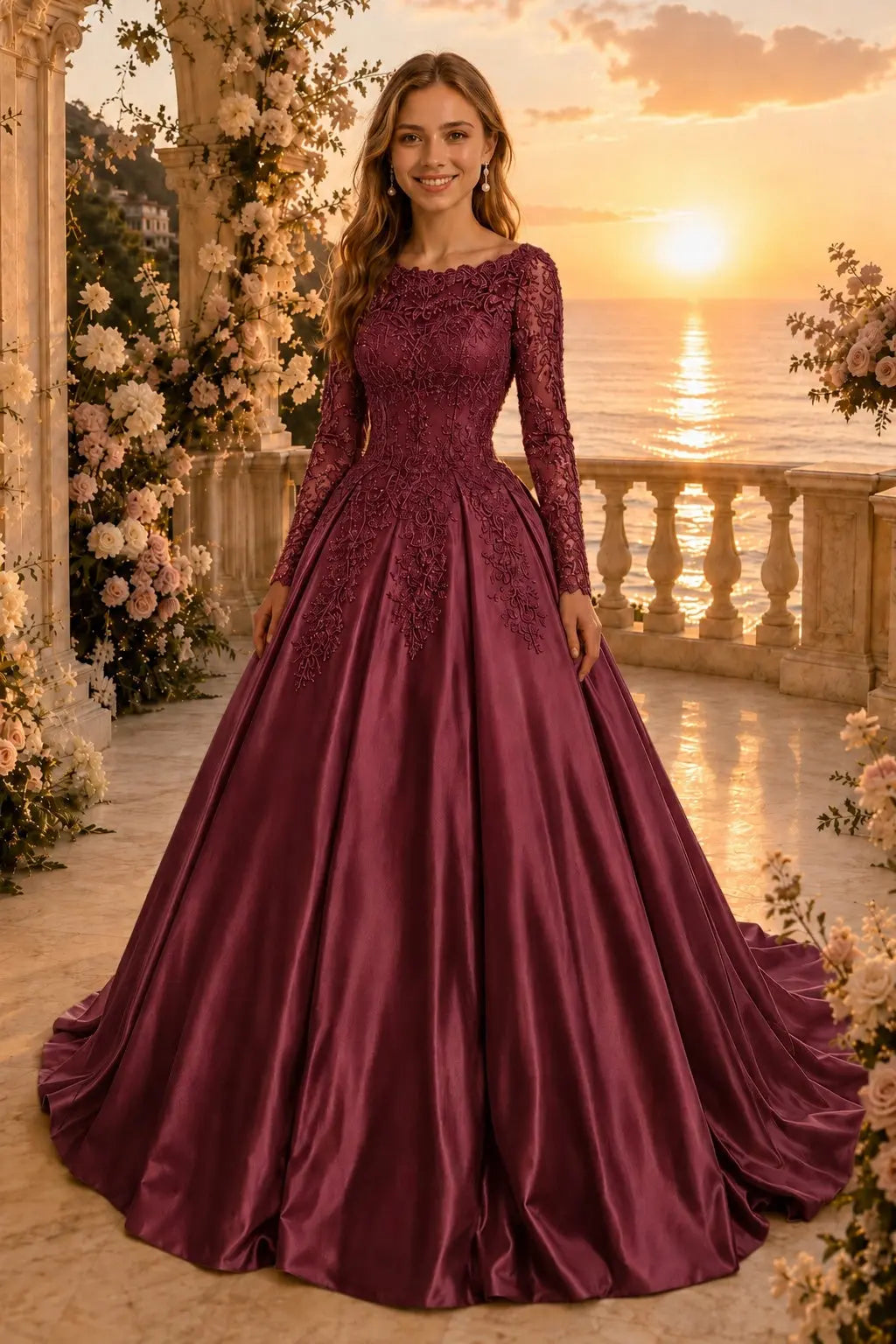 Ball Gown Long Sleeves Off-the-Shoulder Chapel Train Applique Satin Prom Dresses Kaidress