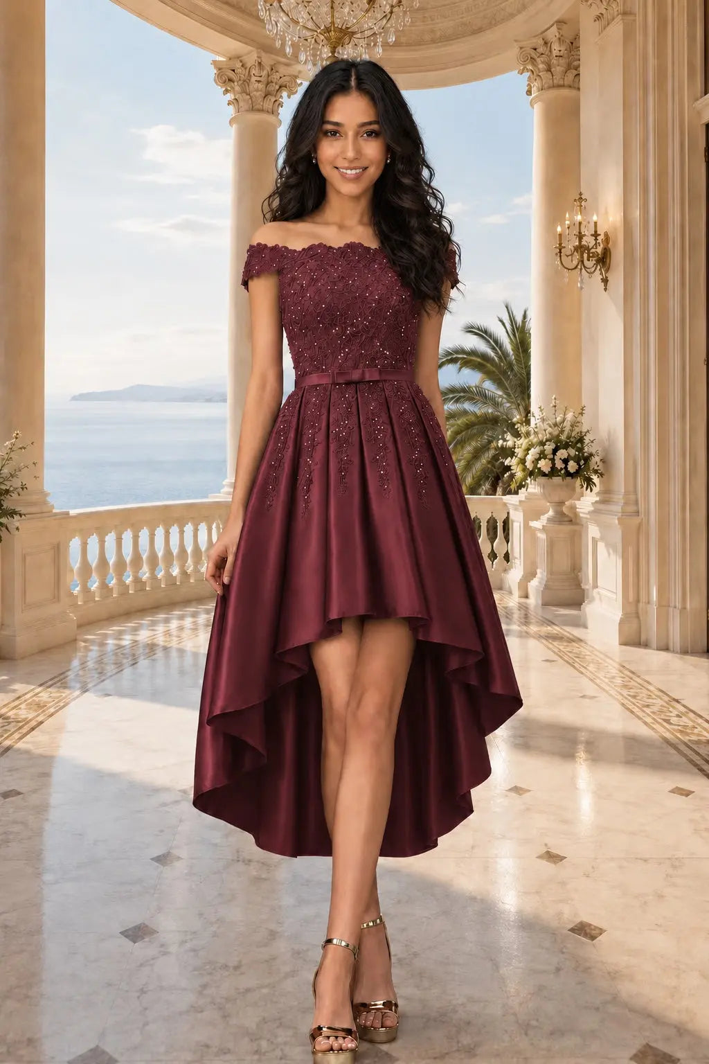 A-line Burgundy Satin Off the Shoulder A Line Strapless Lace Tulle Asymmetrical Dress With Pockets KAIDRESS