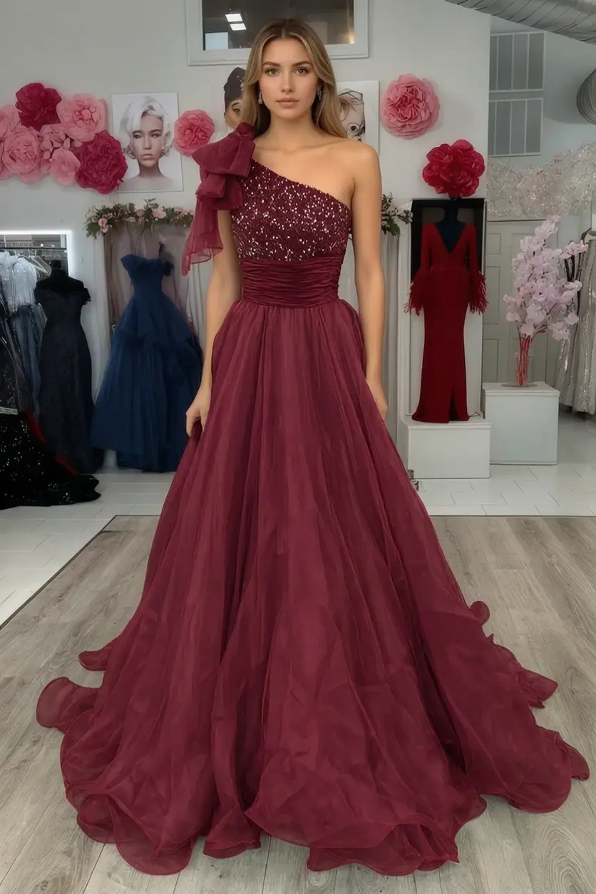 A Line Sparkly Sky Blue One Shoulder Long Prom Dress with Beading KAIDRESS