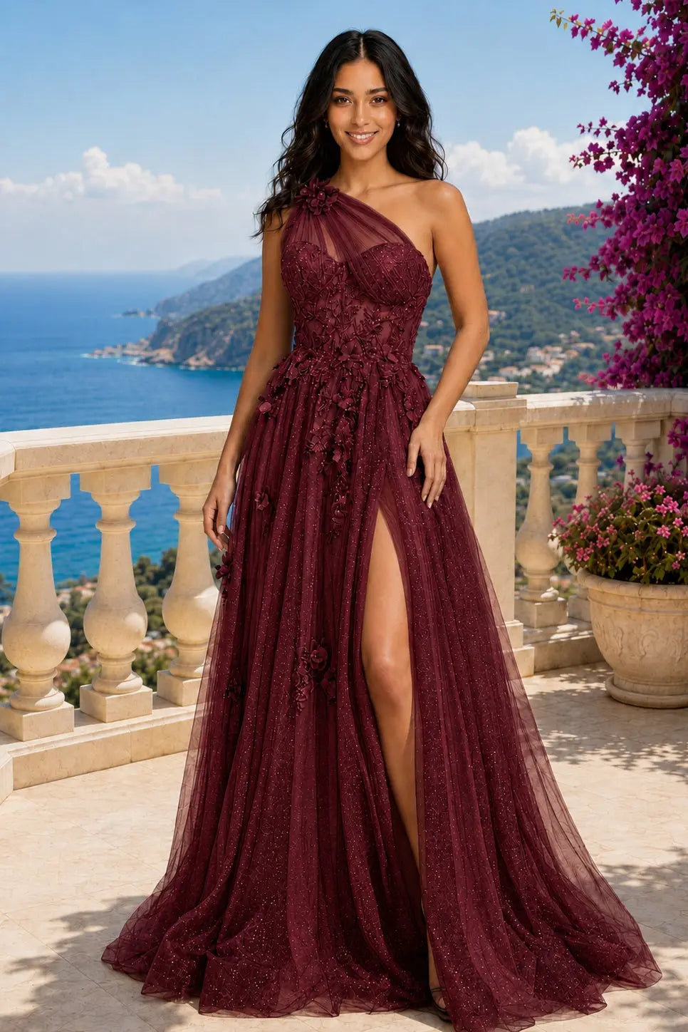 A-line One-Shoulder Sleeveless Long/Floor-Length Tulle Prom Dresses with Appliqued Split KAIDRESS