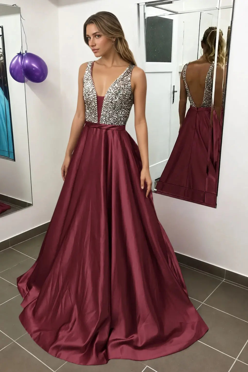 Satin Burgundy Formal Prom Dresses Sparkly Long Princess Evening Gowns
