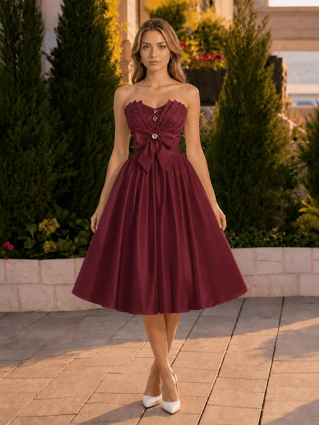 A-line Sweetheart Sleeveless Knee-Length Satin Homecoming Dress with Bow KAIDRESS