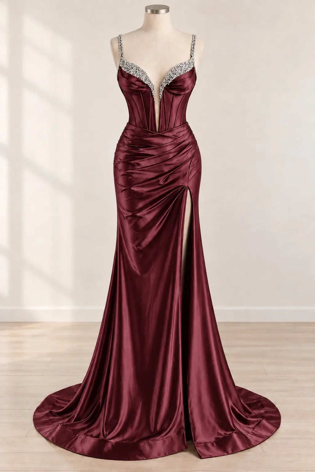 Mermaid Fuchsia Spaghetti Straps Satin Long Corset Prom Dress with Beading