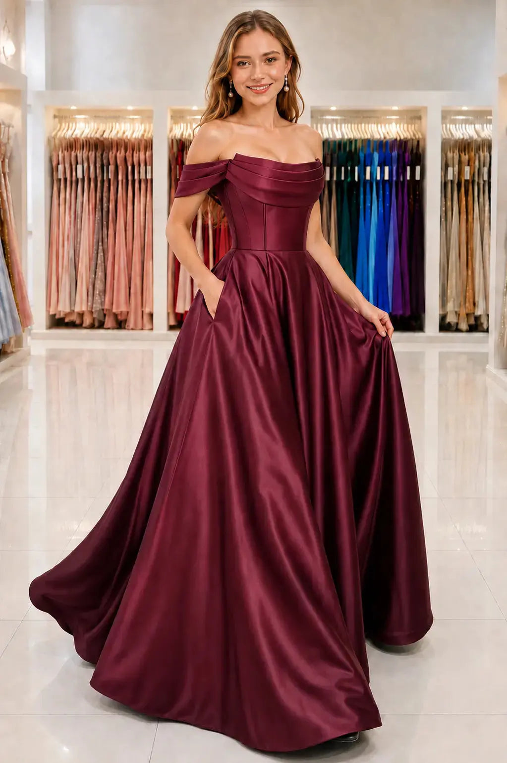 A-Line Satin Long Prom Dress, Simple Off the Shoulder Evening Party Dress With Pockets KAIDRESS